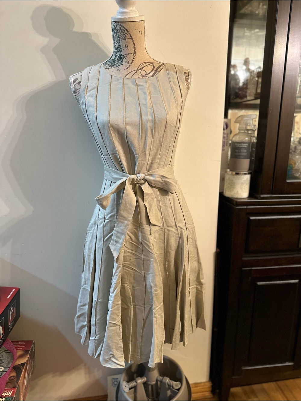 Calvin Klein Sleeveless Pleated Tie-Waist Dress in Light Beige